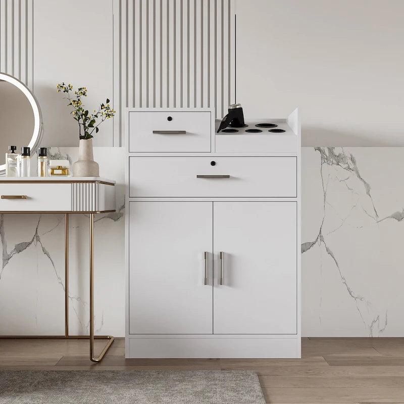 Meuble de rangement blanc et rose avec support pour sèche-cheveux, modèle à 2 tiroirs