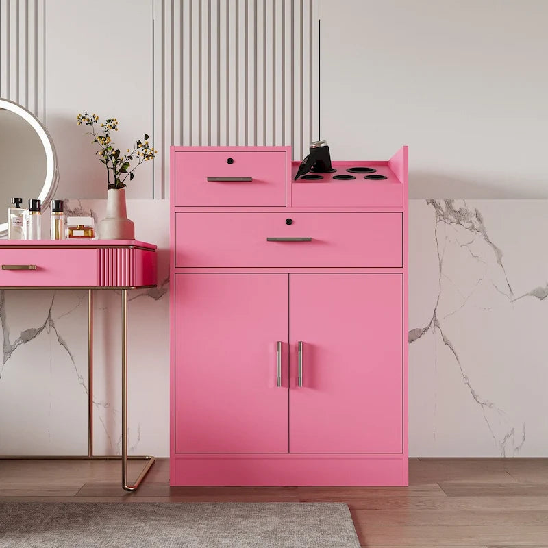 Meuble de rangement blanc et rose avec support pour sèche-cheveux, modèle à 2 tiroirs