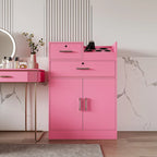 Meuble de rangement blanc et rose avec support pour sèche-cheveux, modèle à 2 tiroirs