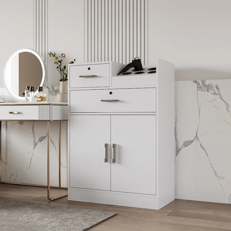 Meuble de rangement blanc et rose avec support pour sèche-cheveux, modèle à 2 tiroirs