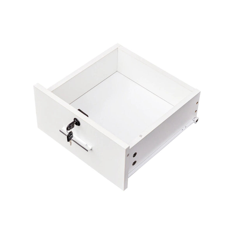 Meuble de rangement blanc et rose avec support pour sèche-cheveux, modèle à 2 tiroirs