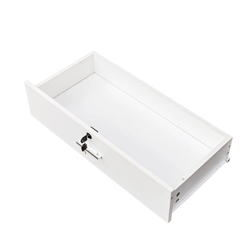 Meuble de rangement blanc et rose avec support pour sèche-cheveux, modèle à 2 tiroirs