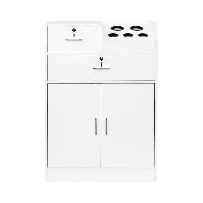 Meuble de rangement blanc et rose avec support pour sèche-cheveux, modèle à 2 tiroirs
