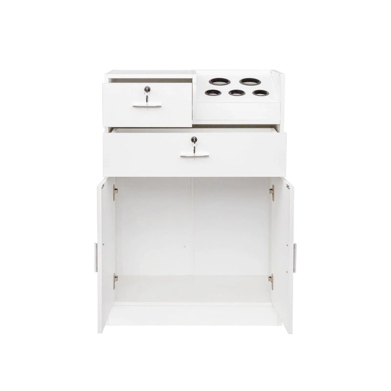 Meuble de rangement blanc et rose avec support pour sèche-cheveux, modèle à 2 tiroirs