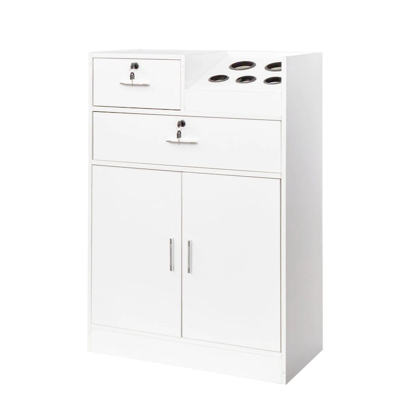 Meuble de rangement blanc et rose avec support pour sèche-cheveux, modèle à 2 tiroirs