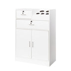 Meuble de rangement blanc et rose avec support pour sèche-cheveux, modèle à 2 tiroirs