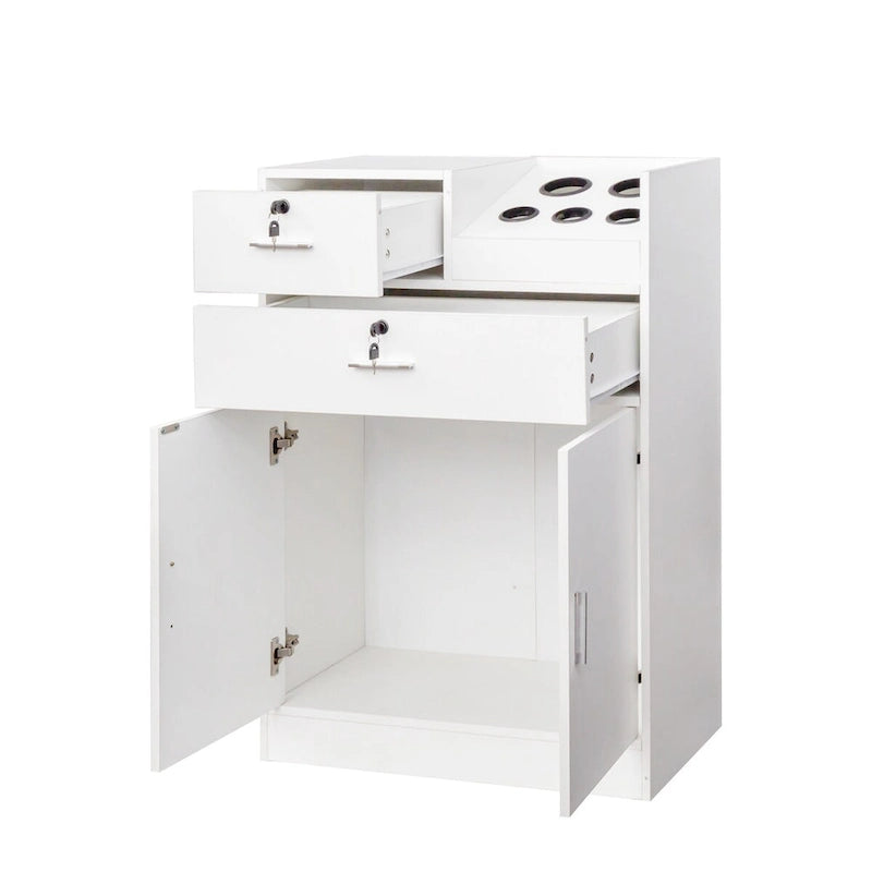 Meuble de rangement blanc et rose avec support pour sèche-cheveux, modèle à 2 tiroirs