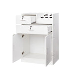 Meuble de rangement blanc et rose avec support pour sèche-cheveux, modèle à 2 tiroirs