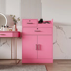 Meuble de rangement blanc et rose avec support pour sèche-cheveux, modèle à 2 tiroirs