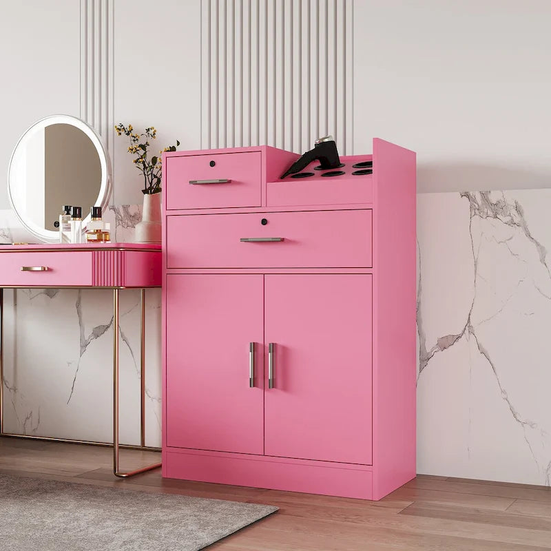 Meuble de rangement blanc et rose avec support pour sèche-cheveux, modèle à 2 tiroirs