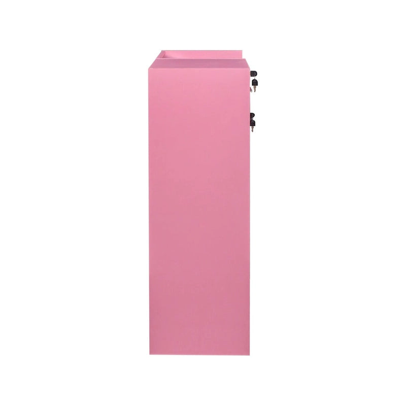 Meuble de rangement blanc et rose avec support pour sèche-cheveux, modèle à 2 tiroirs