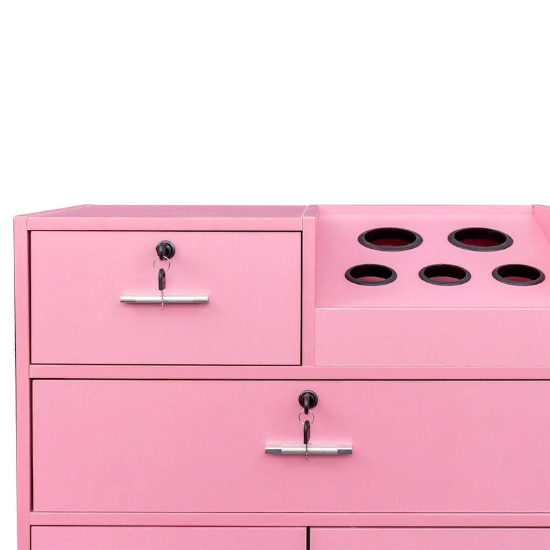 Meuble de rangement blanc et rose avec support pour sèche-cheveux, modèle à 2 tiroirs