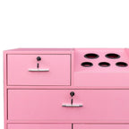 Meuble de rangement blanc et rose avec support pour sèche-cheveux, modèle à 2 tiroirs