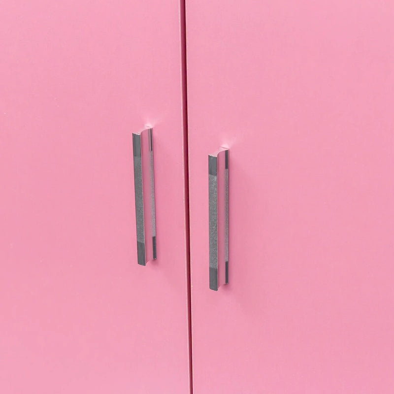 Meuble de rangement blanc et rose avec support pour sèche-cheveux, modèle à 2 tiroirs