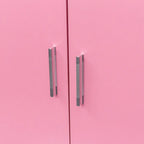 Meuble de rangement blanc et rose avec support pour sèche-cheveux, modèle à 2 tiroirs