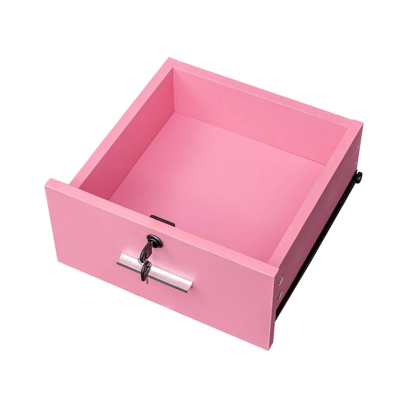 Meuble de rangement blanc et rose avec support pour sèche-cheveux, modèle à 2 tiroirs