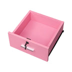 Meuble de rangement blanc et rose avec support pour sèche-cheveux, modèle à 2 tiroirs