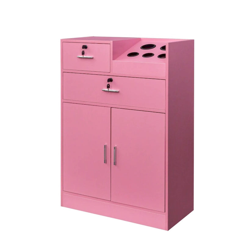 Meuble de rangement blanc et rose avec support pour sèche-cheveux, modèle à 2 tiroirs