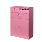 Meuble de rangement blanc et rose avec support pour sèche-cheveux, modèle à 2 tiroirs