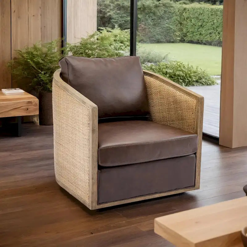 Fauteuil pivotant avec dossier en rotin, assise en similicuir, 1 place — Marron / Beige / Gris / Gris Huître