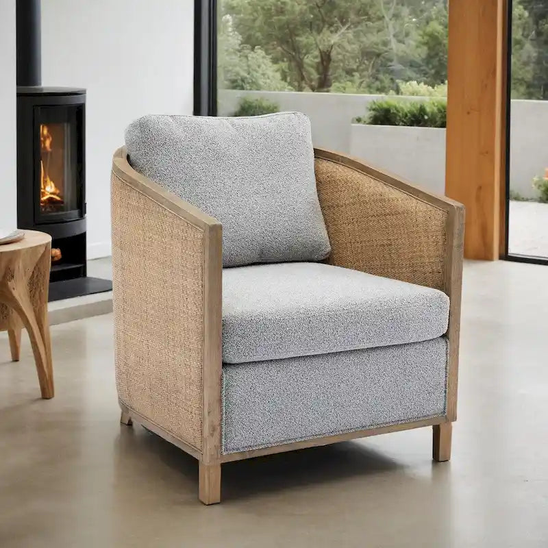 Fauteuil pivotant avec dossier en rotin, assise en similicuir, 1 place — Marron / Beige / Gris / Gris Huître