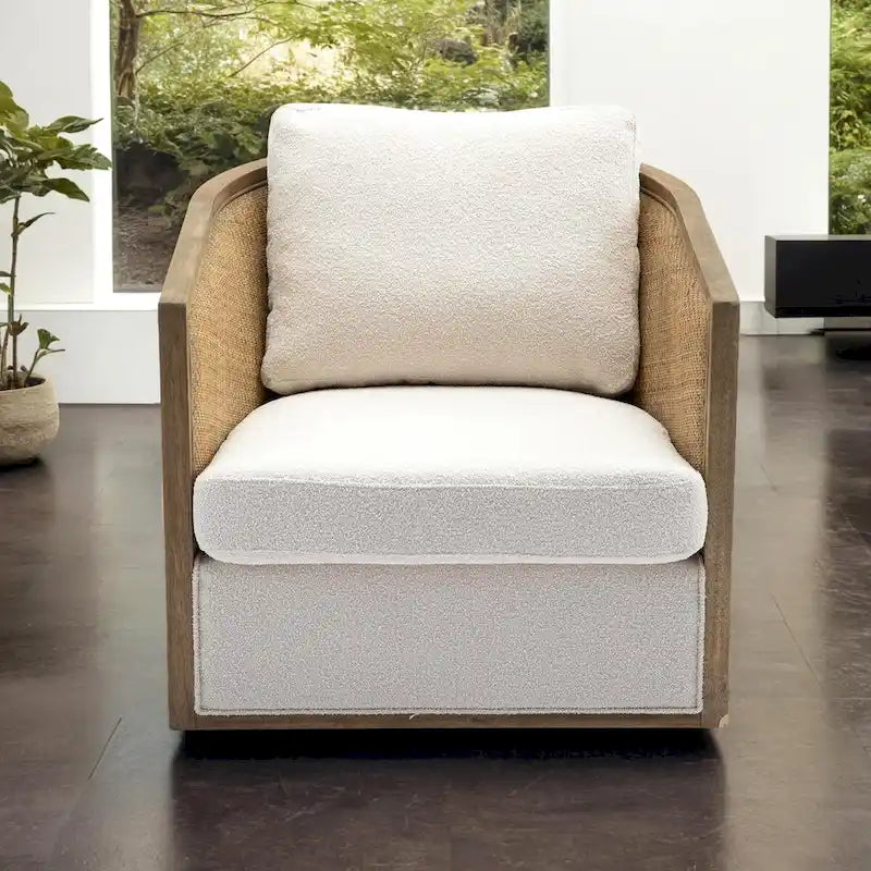 Fauteuil pivotant avec dossier en rotin, assise en similicuir, 1 place — Marron / Beige / Gris / Gris Huître