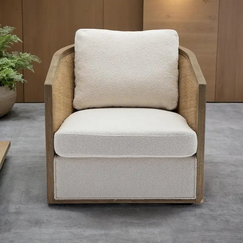 Fauteuil pivotant avec dossier en rotin, assise en similicuir, 1 place — Marron / Beige / Gris / Gris Huître