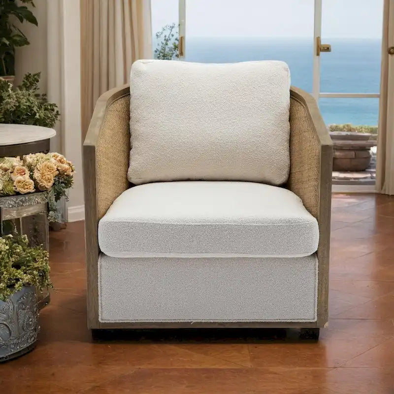 Fauteuil pivotant avec dossier en rotin, assise en similicuir, 1 place — Marron / Beige / Gris / Gris Huître