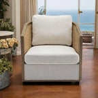 Fauteuil pivotant avec dossier en rotin, assise en similicuir, 1 place — Marron / Beige / Gris / Gris Huître