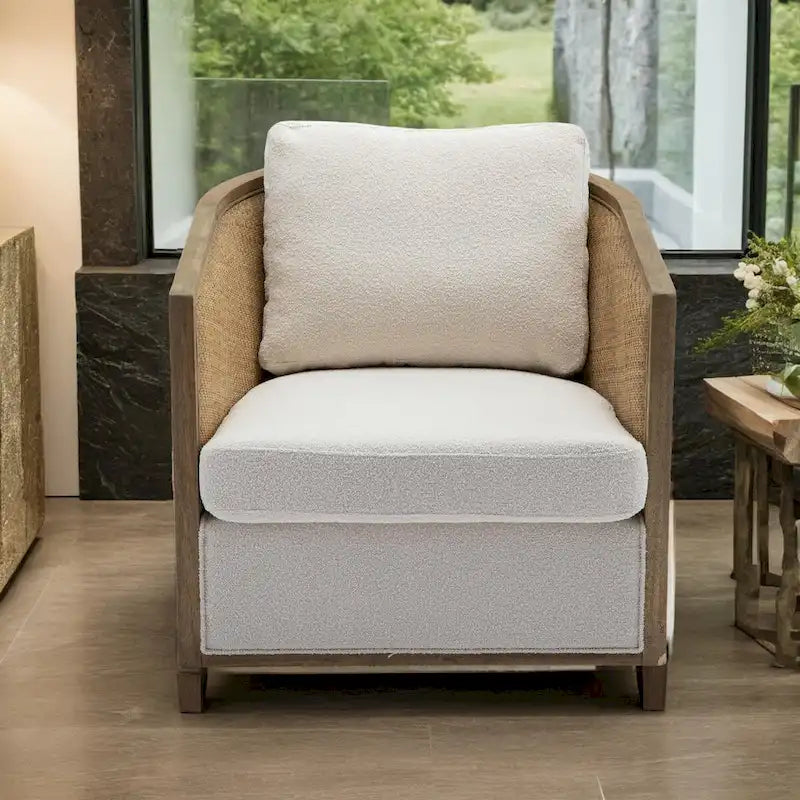Fauteuil pivotant avec dossier en rotin, assise en similicuir, 1 place — Marron / Beige / Gris / Gris Huître