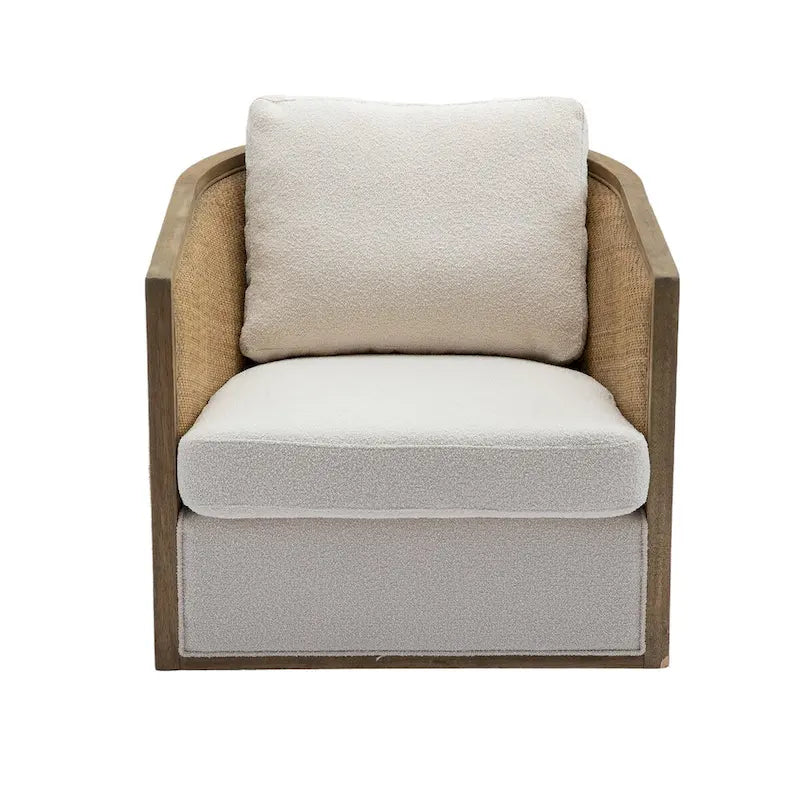 Fauteuil pivotant avec dossier en rotin, assise en similicuir, 1 place — Marron / Beige / Gris / Gris Huître