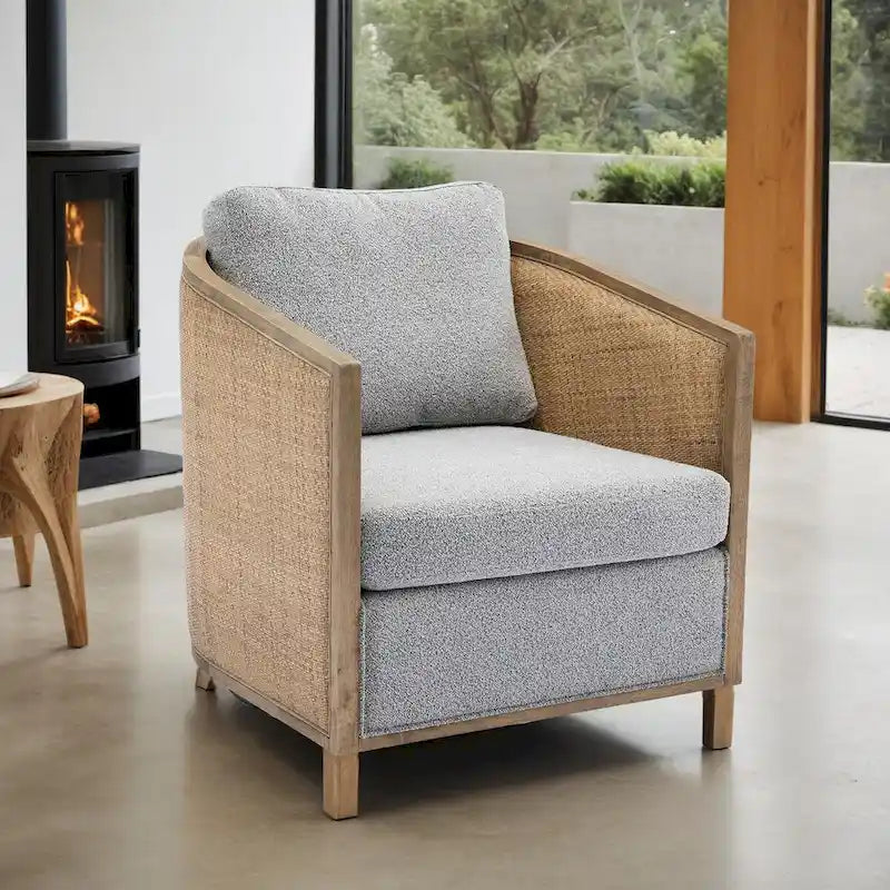 Fauteuil pivotant avec dossier en rotin, assise en similicuir, 1 place — Marron / Beige / Gris / Gris Huître