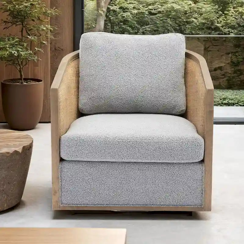 Fauteuil pivotant avec dossier en rotin, assise en similicuir, 1 place — Marron / Beige / Gris / Gris Huître