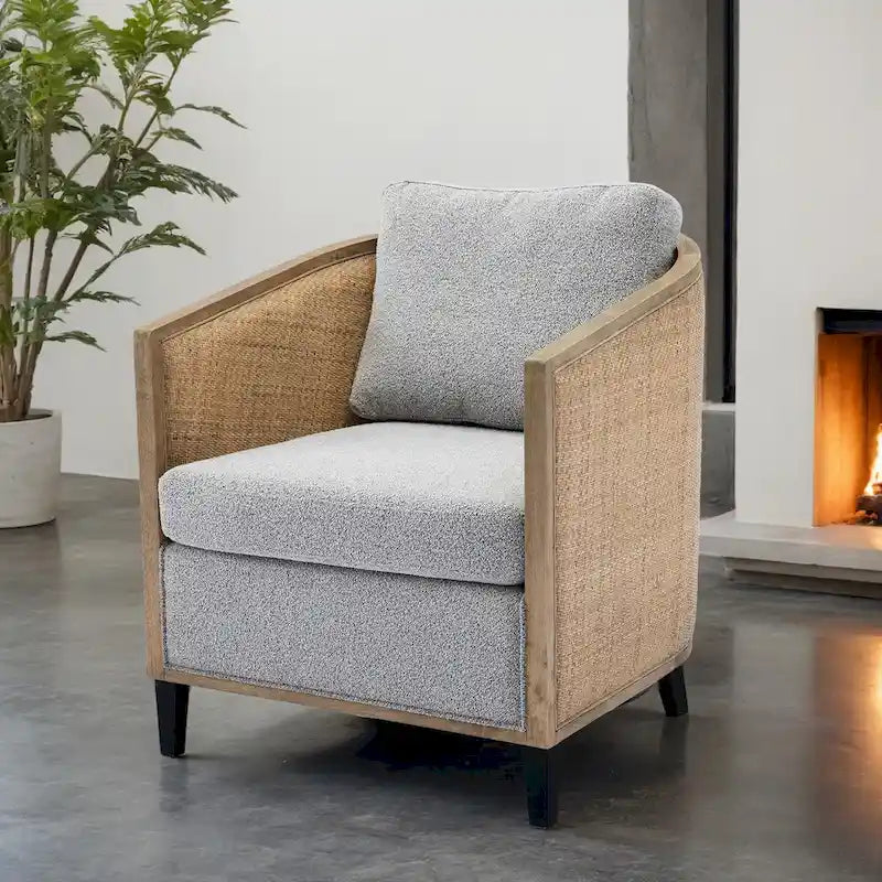 Fauteuil pivotant avec dossier en rotin, assise en similicuir, 1 place — Marron / Beige / Gris / Gris Huître