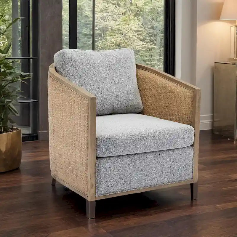 Fauteuil pivotant avec dossier en rotin, assise en similicuir, 1 place — Marron / Beige / Gris / Gris Huître