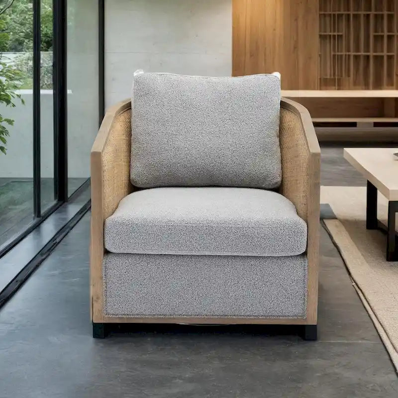 Fauteuil pivotant avec dossier en rotin, assise en similicuir, 1 place — Marron / Beige / Gris / Gris Huître