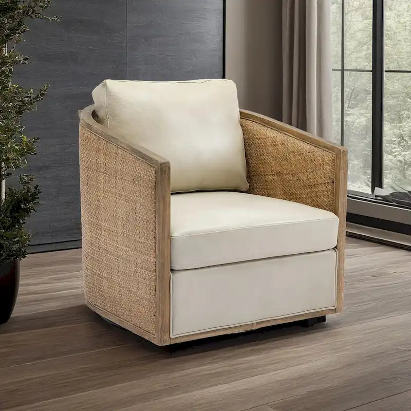 Fauteuil pivotant avec dossier en rotin, assise en similicuir, 1 place — Marron / Beige / Gris / Gris Huître