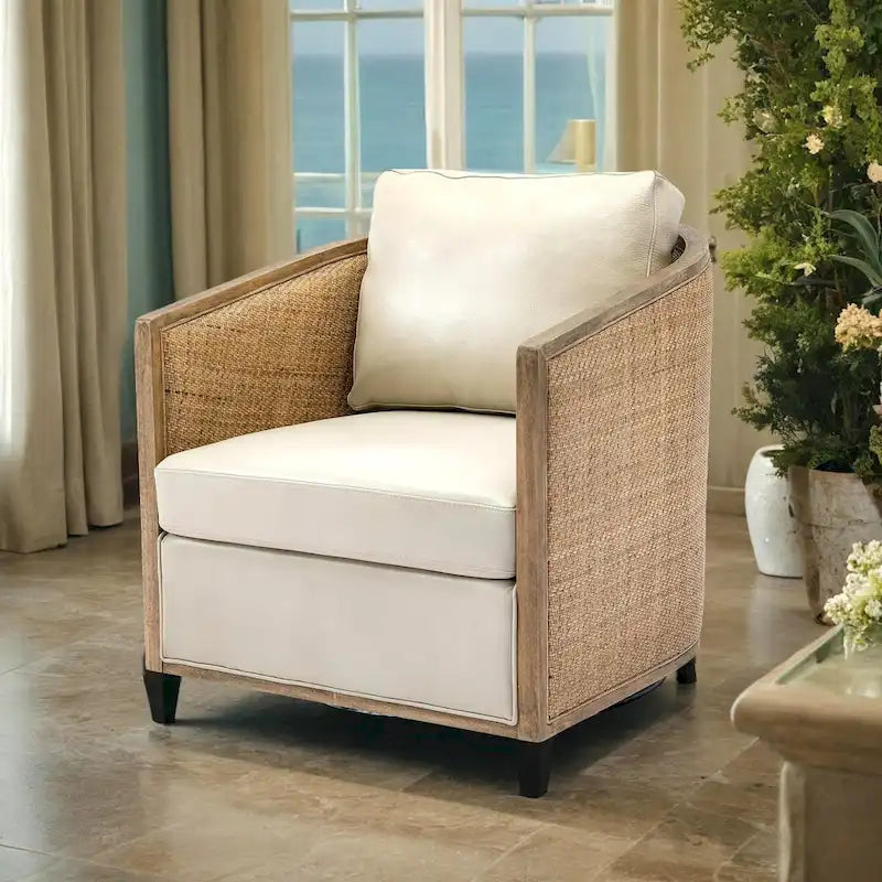 Fauteuil pivotant avec dossier en rotin, assise en similicuir, 1 place — Marron / Beige / Gris / Gris Huître