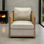Fauteuil pivotant avec dossier en rotin, assise en similicuir, 1 place — Marron / Beige / Gris / Gris Huître