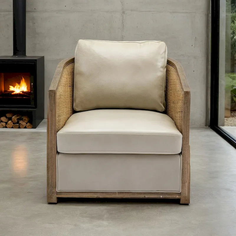 Fauteuil pivotant avec dossier en rotin, assise en similicuir, 1 place — Marron / Beige / Gris / Gris Huître