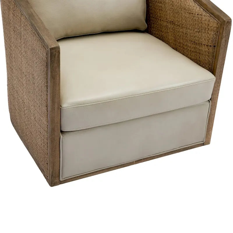 Fauteuil pivotant avec dossier en rotin, assise en similicuir, 1 place — Marron / Beige / Gris / Gris Huître