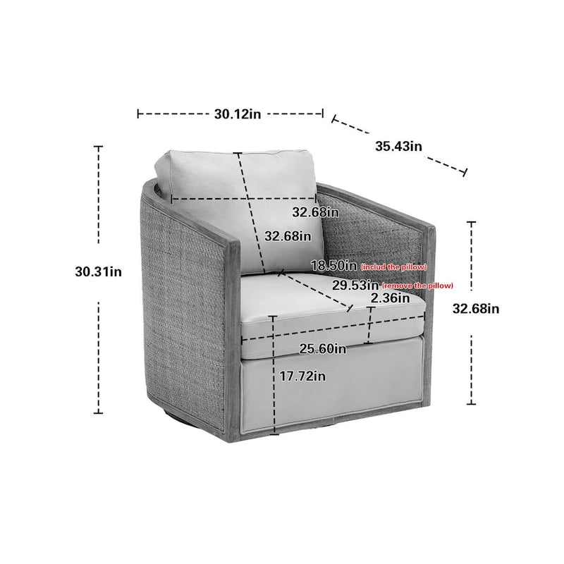 Fauteuil pivotant avec dossier en rotin, assise en similicuir, 1 place — Marron / Beige / Gris / Gris Huître