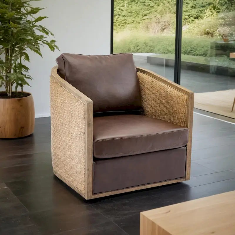 Fauteuil pivotant avec dossier en rotin, assise en similicuir, 1 place — Marron / Beige / Gris / Gris Huître