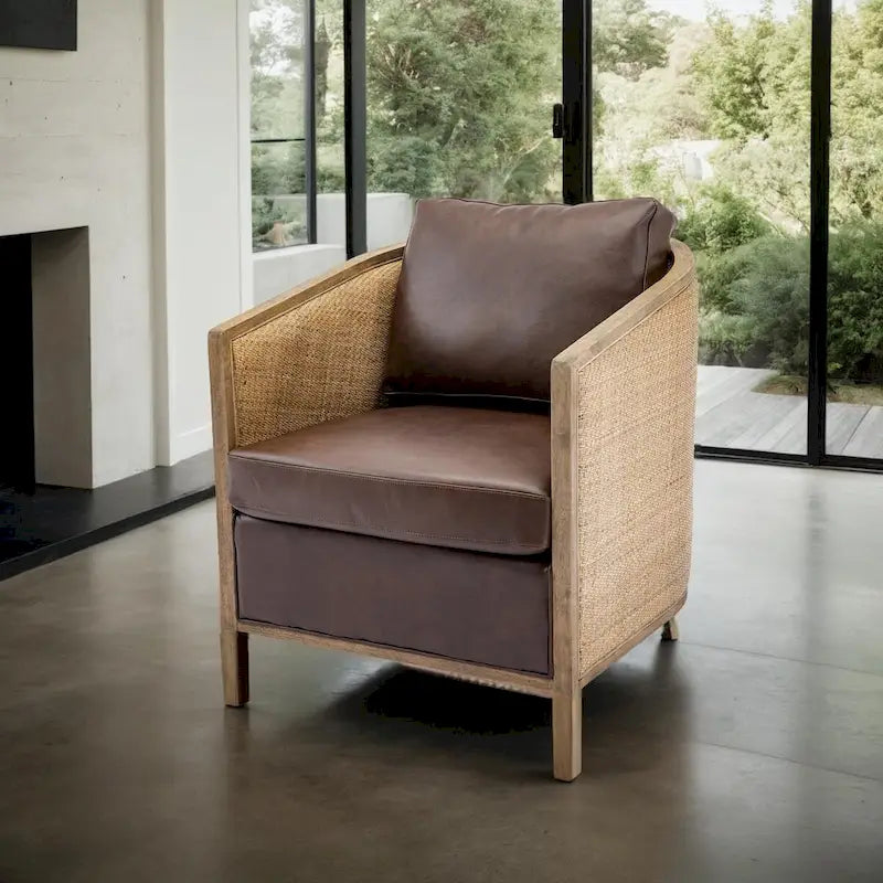Fauteuil pivotant avec dossier en rotin, assise en similicuir, 1 place — Marron / Beige / Gris / Gris Huître