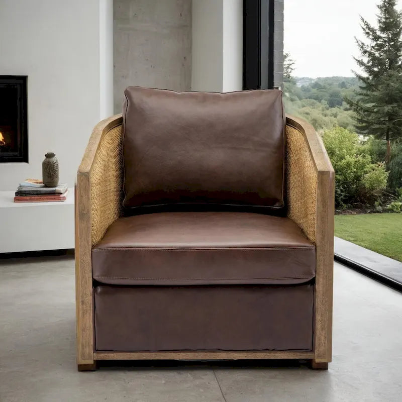 Fauteuil pivotant avec dossier en rotin, assise en similicuir, 1 place — Marron / Beige / Gris / Gris Huître