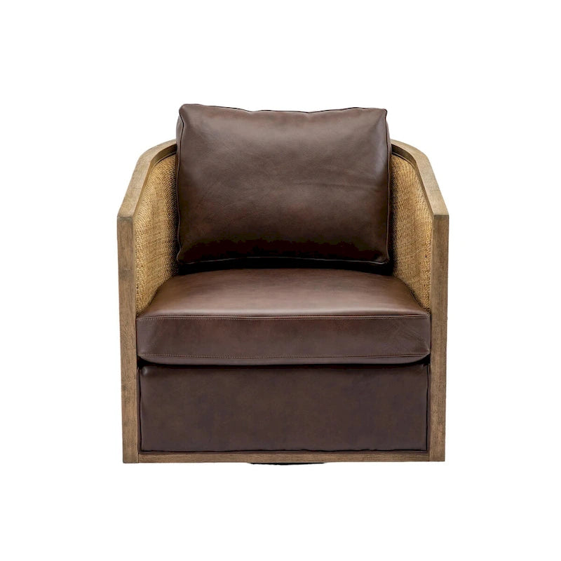 Fauteuil pivotant avec dossier en rotin, assise en similicuir, 1 place — Marron / Beige / Gris / Gris Huître
