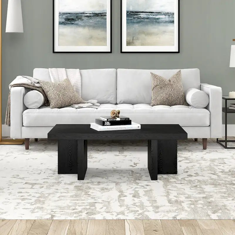 Table basse rectangulaire de 44 po, finition effet bois, style double pilier
