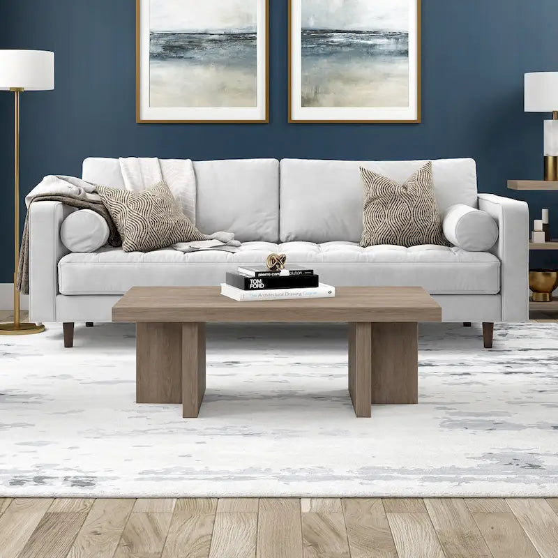 Table basse rectangulaire de 44 po, finition effet bois, style double pilier