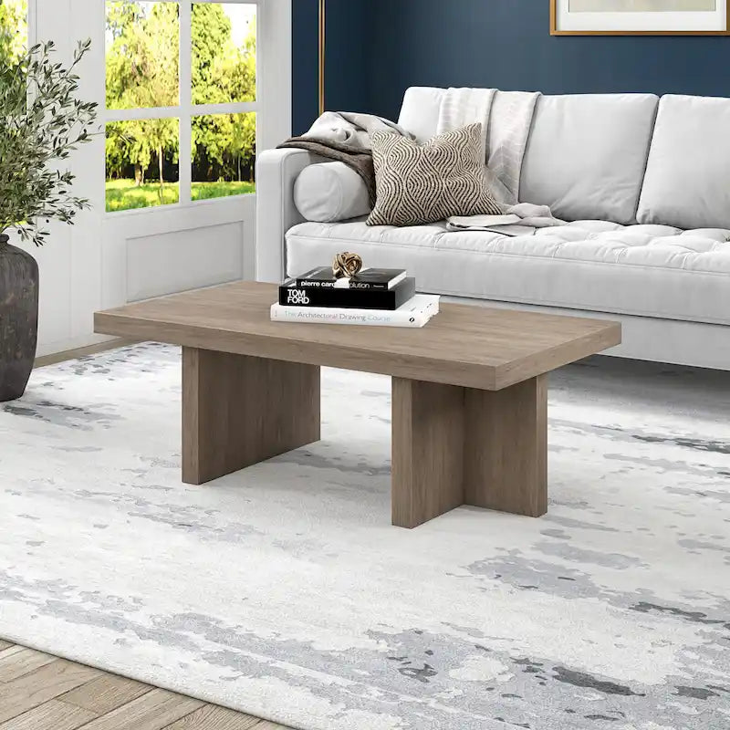 Table basse rectangulaire de 44 po, finition effet bois, style double pilier