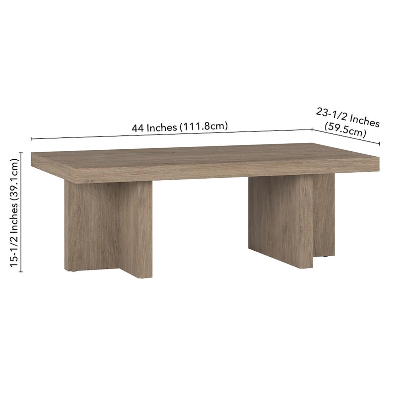 Table basse rectangulaire de 44 po, finition effet bois, style double pilier